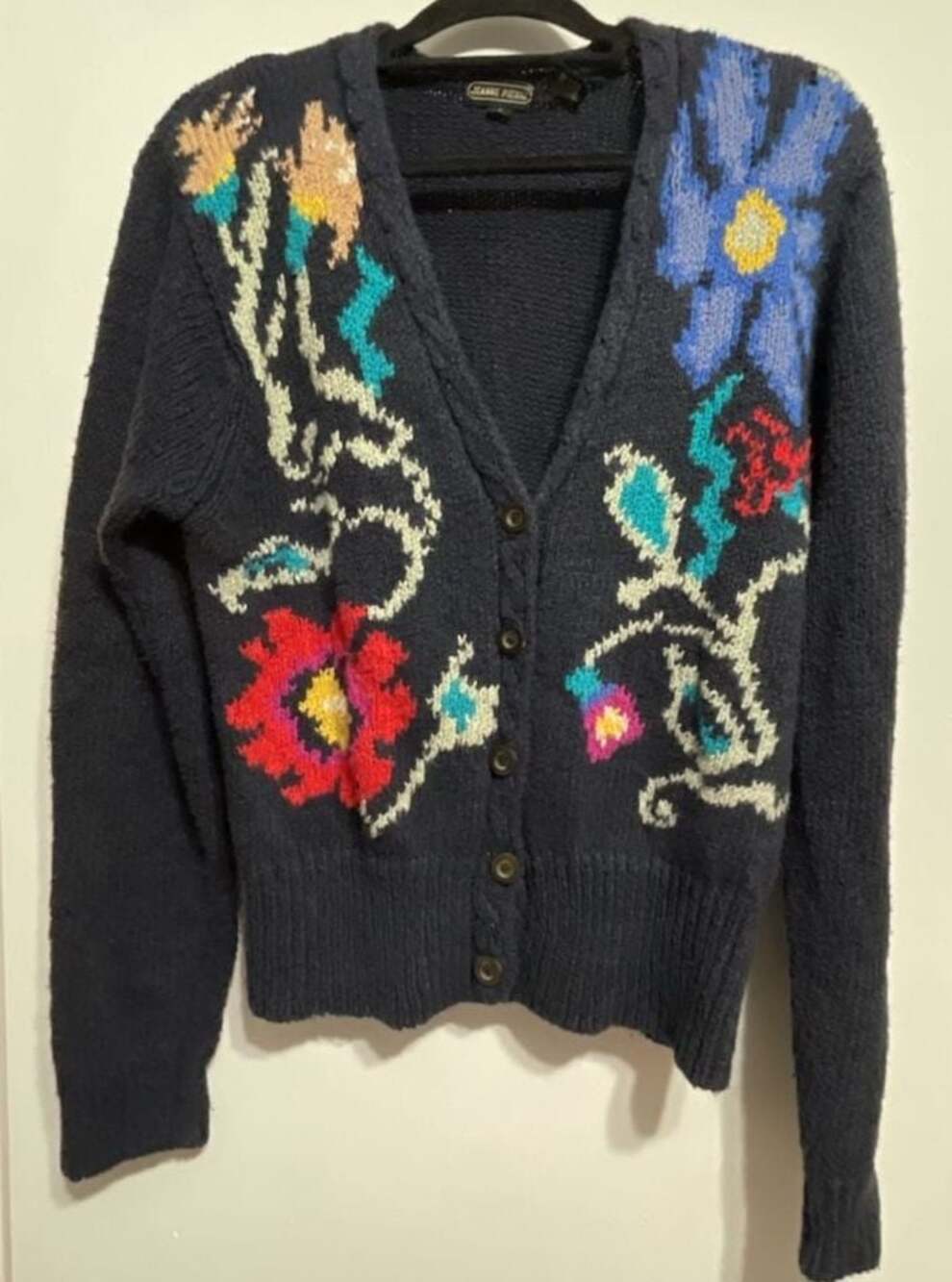 Jeanne Pierre VTG Floral Grandmacore Oversized Embroidered Navy Cardigan Sweater